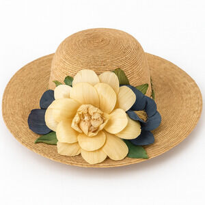 Vintage Wide Brim Straw Bridal Sun Hat With Yellow Blue Green Husk Flower